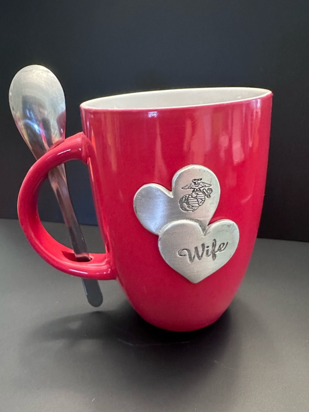 USMC Marine Wife Mug w/ Spoon Military Spouse Gift Red Coffee Cup